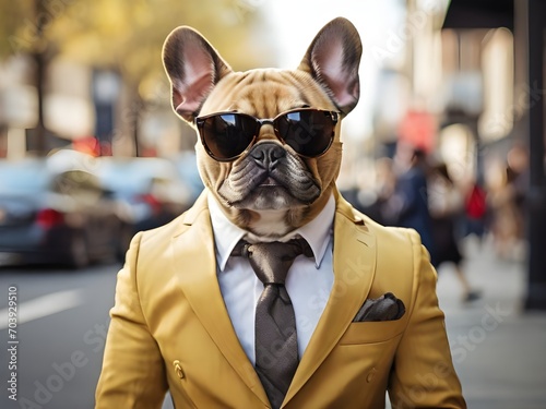 French bulldog with sunglasses. suit on a busy street. Generative AI