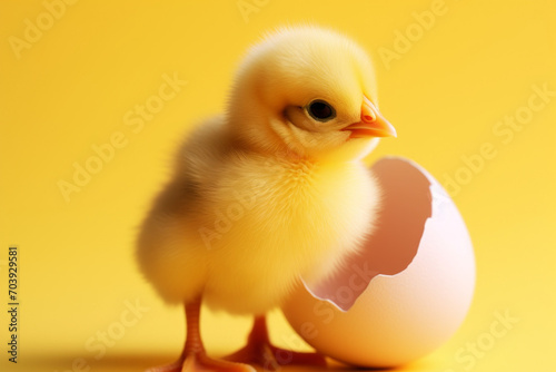 Cute Easter chicken. Background with selective focus and copy space
