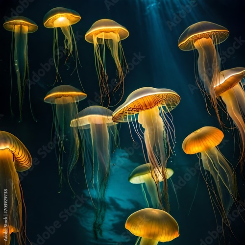 Step into an underwater ballet as a mesmerizing congregation of jellyfish elegantly floats in a seamless dance of bioluminescence.   