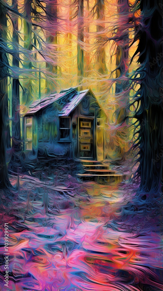Mystical Cabin in the Rainbow Forest