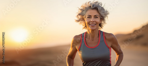 Middle-aged woman joyfully jogs on a beautiful sunset background. Copy space