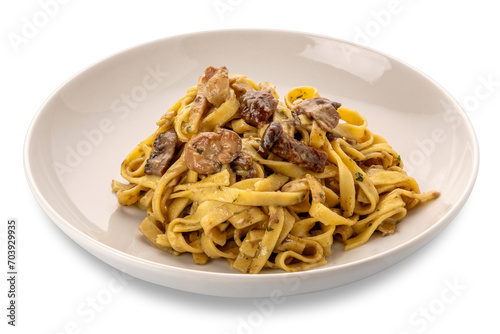 Egg noodles pasta with mushroom sauce, mushroom tagliatelle in white dish isolated on white with clipping path included