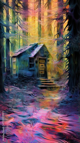 Mystical Cabin in the Rainbow Forest