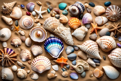 A still life arrangement of assorted seashells  driftwood  and colorful pebbles  arranged on a sandy beach.