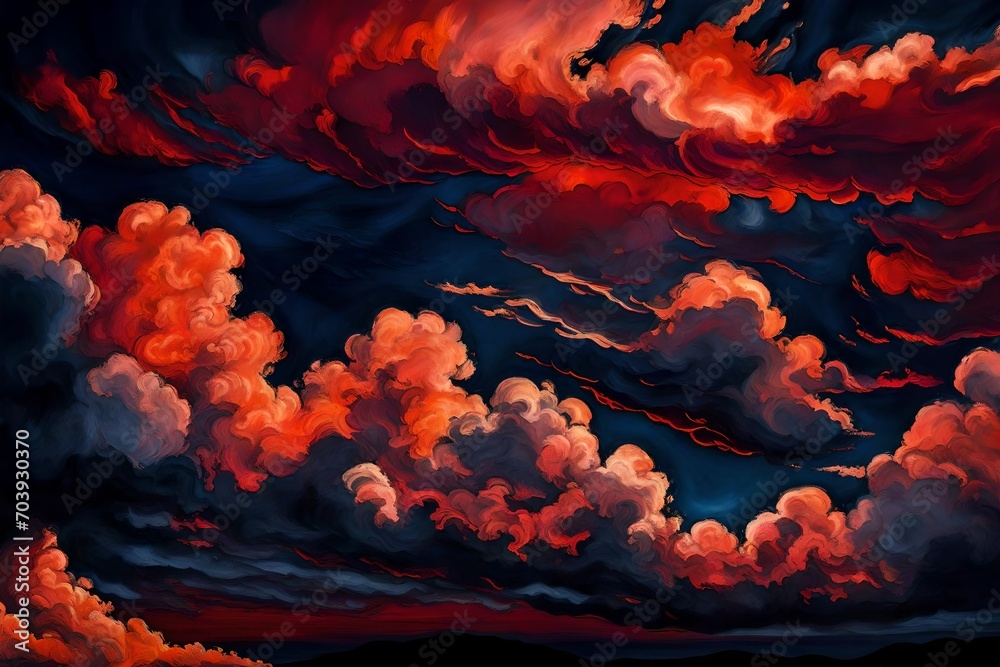 Intense close-up of fiery crimson clouds against a canvas of deep, midnight blue, creating a dramatic and passionate atmosphere.