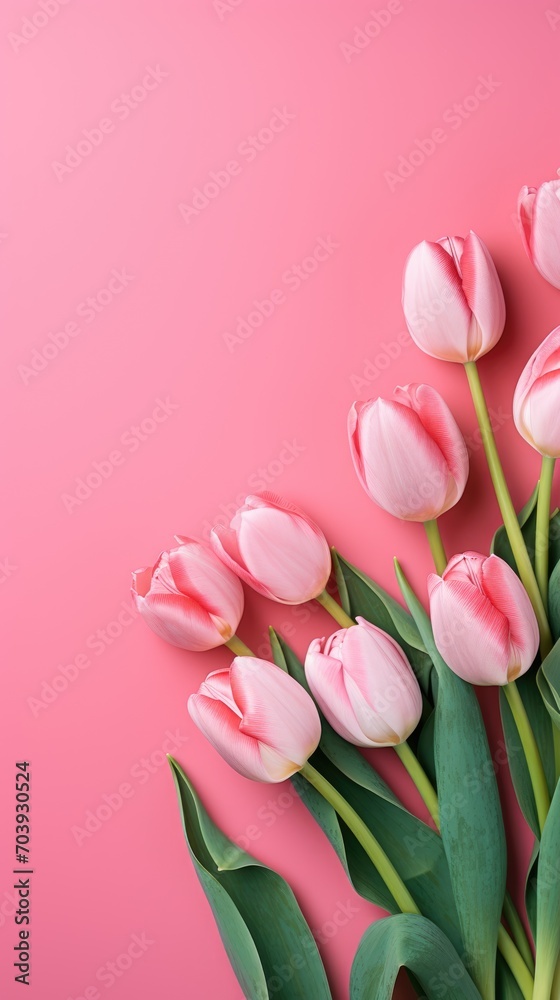 Obraz premium Pink tulips on the pink background. Valentines background. Vertical