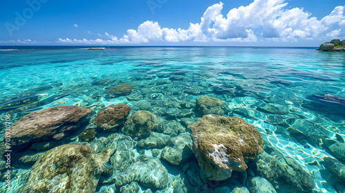 A photo of the coral reefs of Okinawa, with crystal clear waters