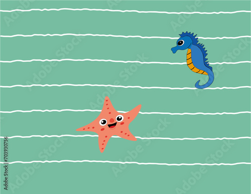 disegno di stella e cavalluccio marino su sfondo verde acquamarina e strisce bianche per onde del mare per telo mare tovaglietta americana bambini tovagliolo carta giocoso carino 