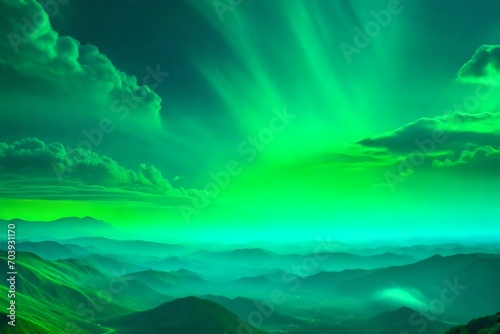 Dreamlike close-up of neon-bright clouds in electric shades of green and blue  reminiscent of a fantastical alien world.