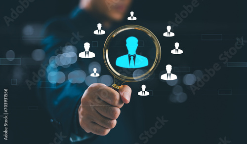 Customer Relationship Management CRM concept. Human Resource HR, network client hiring target. Business employee management, people recruitment technology. Audience use magnifier search human office.