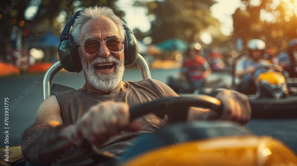 Active Senior Man Driving a Go-Kart Around the Track