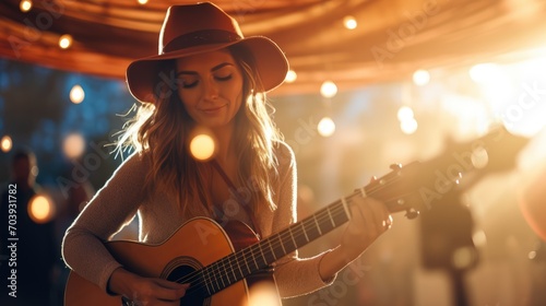 Woman in country clothes with guitar. Blurred background with music festival