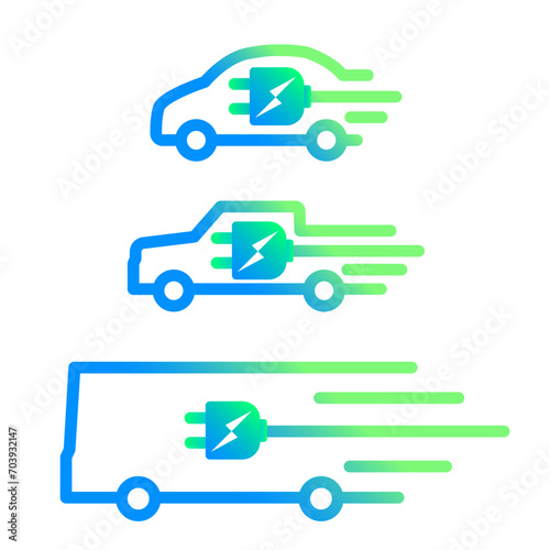Electric car icon set isolated on black background. Electric vehicle symbol, EV car with light bold. Electric vehicle charging technology concept.