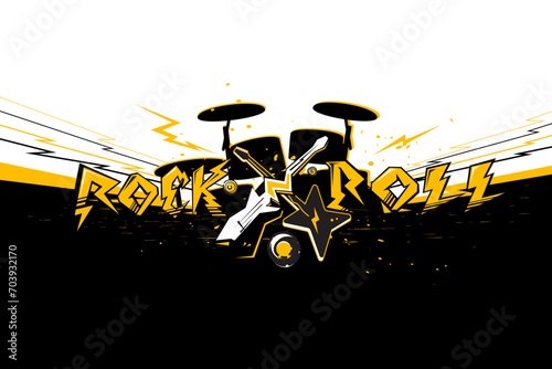 Party music decorated with rock and roll instruments on a background design template for a music festival banner or concert poster.