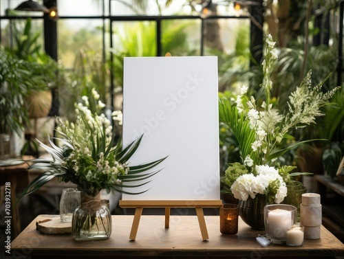 Mockup of a white canvas on an easel as a welcome sign at wedding party