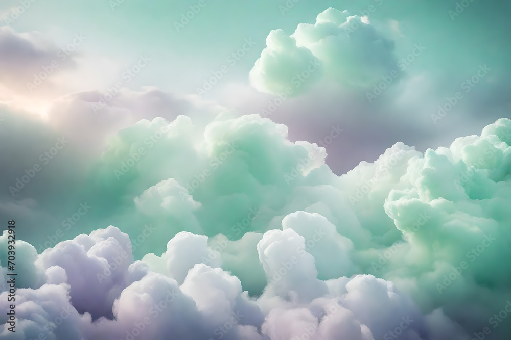 Ethereal close-up of pastel clouds in shades of mint green and soft lavender, illuminated by the soft glow of twilight.