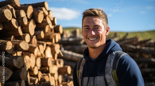 Young male logger in front of a large stack of logs photo