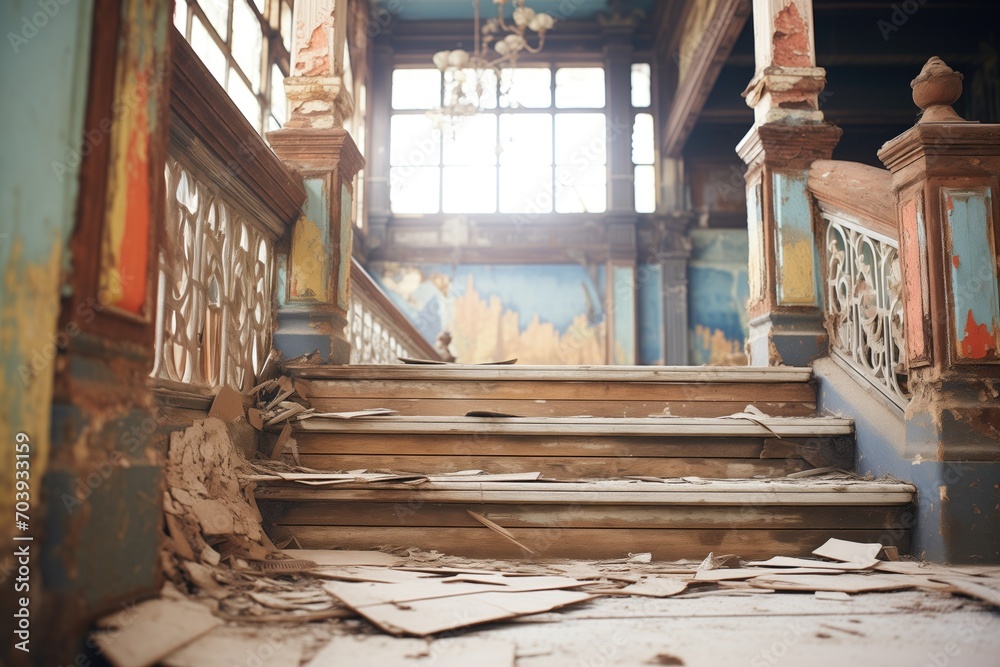 weathered staircase in a decaying foyer weathered staircase in a decaying foyer