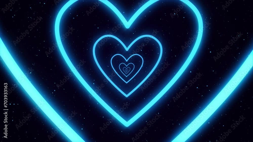Flying through the bright blue tunnel of glowing neon hearts in the space. Blue hearts forming a tunnel surrounded by sparkling stars. Hearts tunnel animation. Streaming, screensaver. Saint Valentine