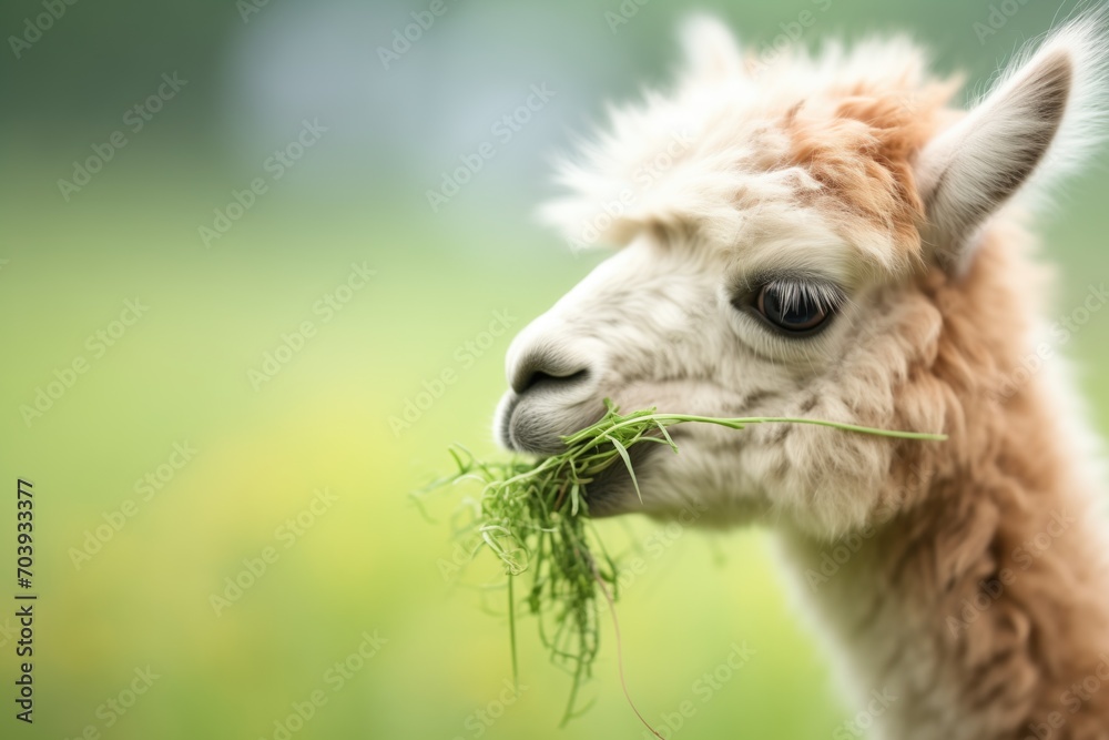 close-up of fluffy alpaca eating grass in field
