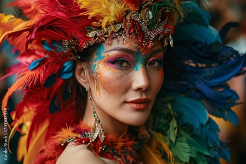 Woman with Carnival Feather Headdress. Female adorned in vibrant carnival feathers.