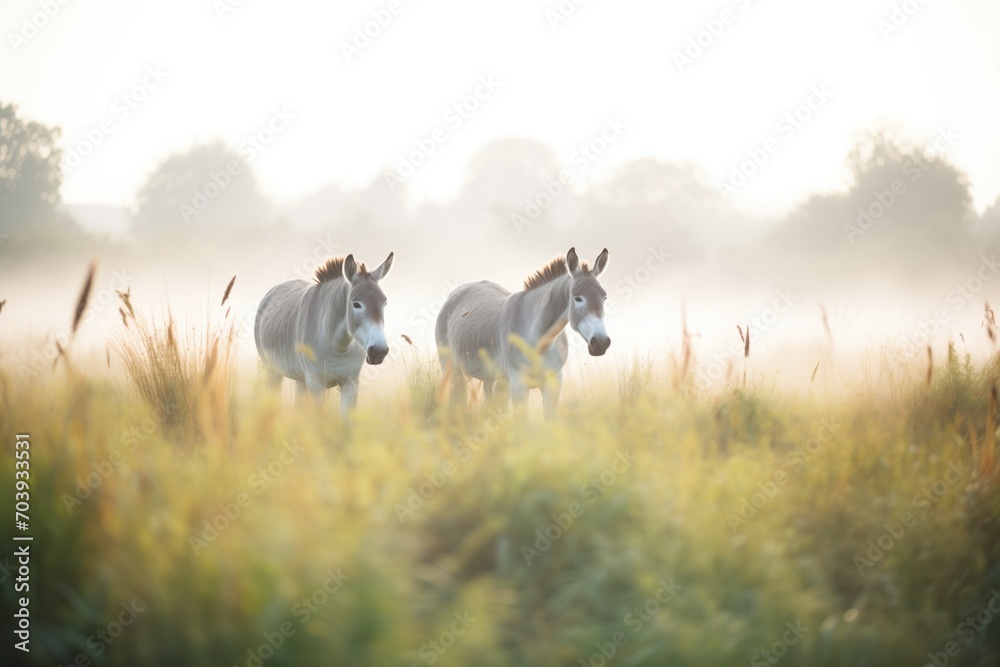 donkeys in a meadow with morning fog donkeys in a meadow with morning fog