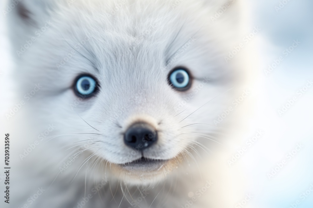 close-up of arctic fox face with ice blue eyes