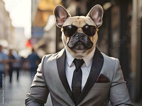 French bulldog with sunglasses. suit on a busy street. Generative AI