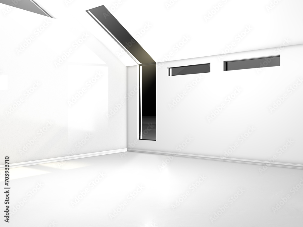 An elegant empty room in the style of a luxurious loft with white walls and marble floors. To be used as a background for presentations and product design. Interesting light reflections. 3D, rendering An elegant empty room in the style of a luxurious loft with white walls and marble floors. To be used as a background for presentations and product design. Interesting light reflections. 3D, rendering