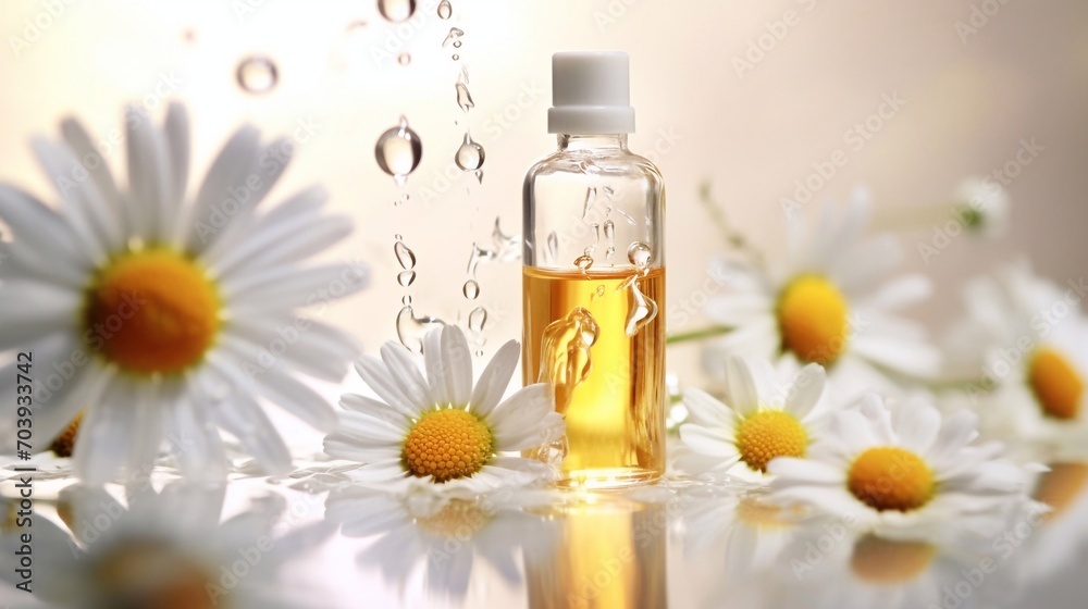 Bottle with oil and chamomile flowers around on isolated background. Use of chamomile in spa, cosmetology, aromatherapy and medicine Bottle with oil and chamomile flowers around on isolated background. Use of chamomile in spa, cosmetology, aromatherapy and medicine