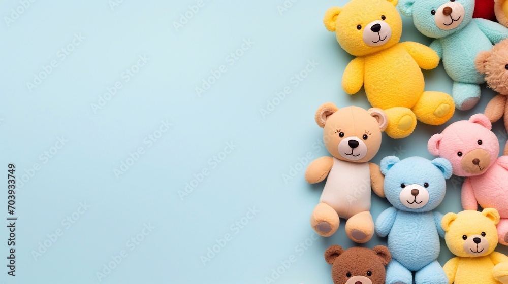 Baby kids toy frame background. Teddy bearsfor children on light blue background. Top view, flat lay. Baby kids toy frame background. Teddy bearsfor children on light blue background. Top view, flat lay.