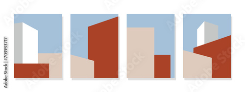 Minimalist architecture wall art series in a modern style, with vibrant colors ideal for wall art, posters, banners, cards, and decor.