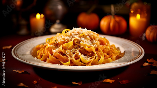 pumpkin fettuccine topped with grated parmesan cheese