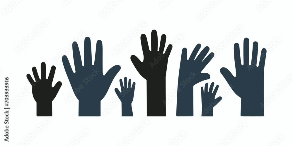 A series of silhouettes of hands of different sizes stretched upwards on a white background. A series of silhouettes of hands of different sizes stretched upwards on a white background.