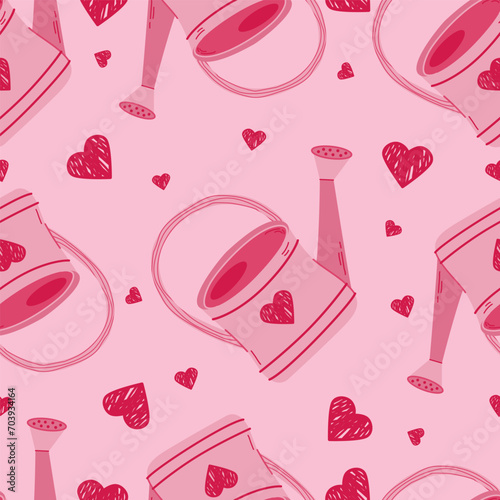 Watering can seamless pattern.  Repeated texture in doodle style for fabric, wrapping paper, wallpaper, tissue. Vector illustration.Gardening tools for working in the garden, on the farm, in the dacha