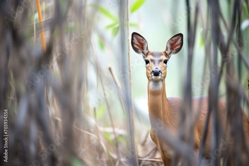 young bushbuck standing alert in the underbrush photo