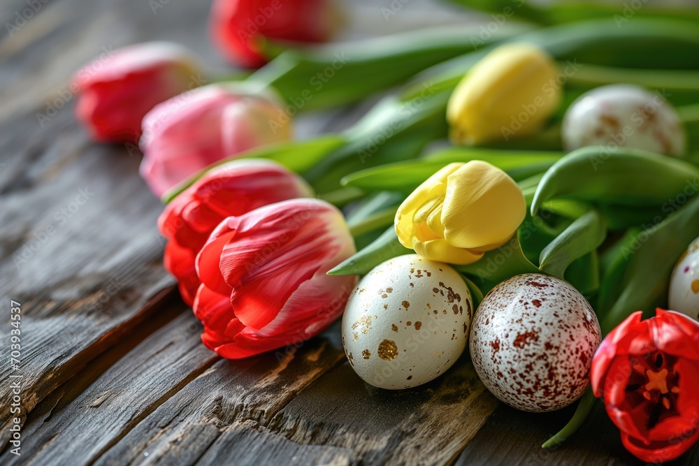Happy Easter with tulips and decorative eggs in various colors Happy Easter with tulips and decorative eggs in various colors