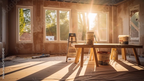 Repair materials and tools for reconstruction of house (building) under restoration, apartment repairment and construction (modernization), professional workers installing doors and panoramic windows