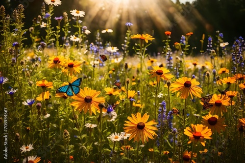 A sunlit meadow filled with colorful wildflowers, butterflies, and bees in a dance of nature.
