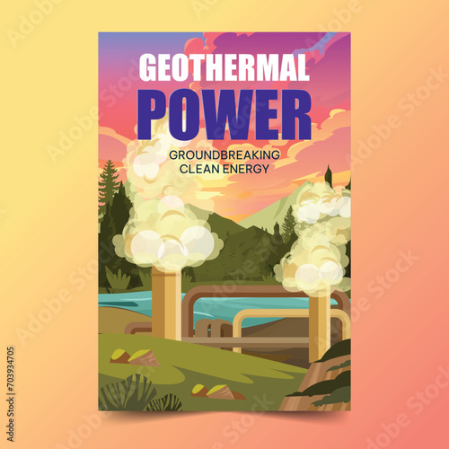 Geothermal power poster template smoke fume mountain lake scene. photo