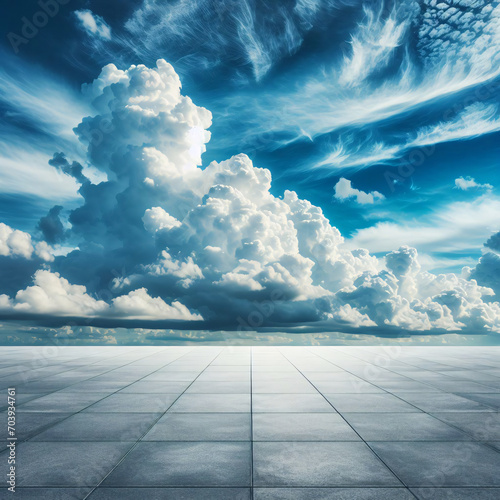 Horizon Harmony: Empty Concrete Floor Beneath a Blue Sky Background, Inviting Serenity and Open Space. © K9Ctec