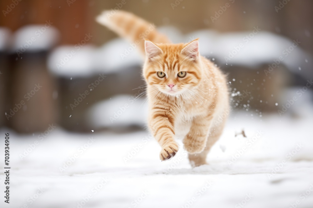 domestic cat pouncing in snow