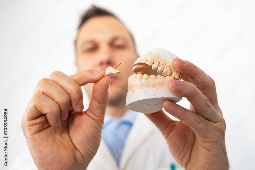 Dental technician looking at plaster cast of jaws while making denture ...