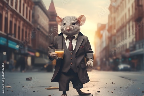 business mouse man in suit on city street , Generative Ai
