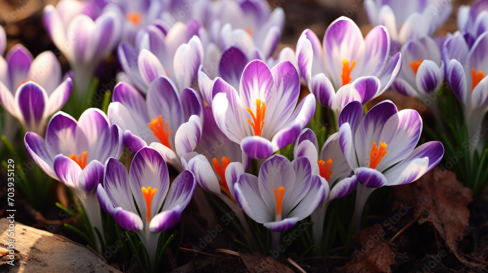 Naklejka premium Purple and white crocuses with bright orange stigmas blooming amidst fallen leaves, capturing the essence of spring.
