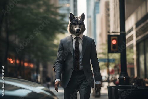 business wolf head man in suit on city street , Generative AI