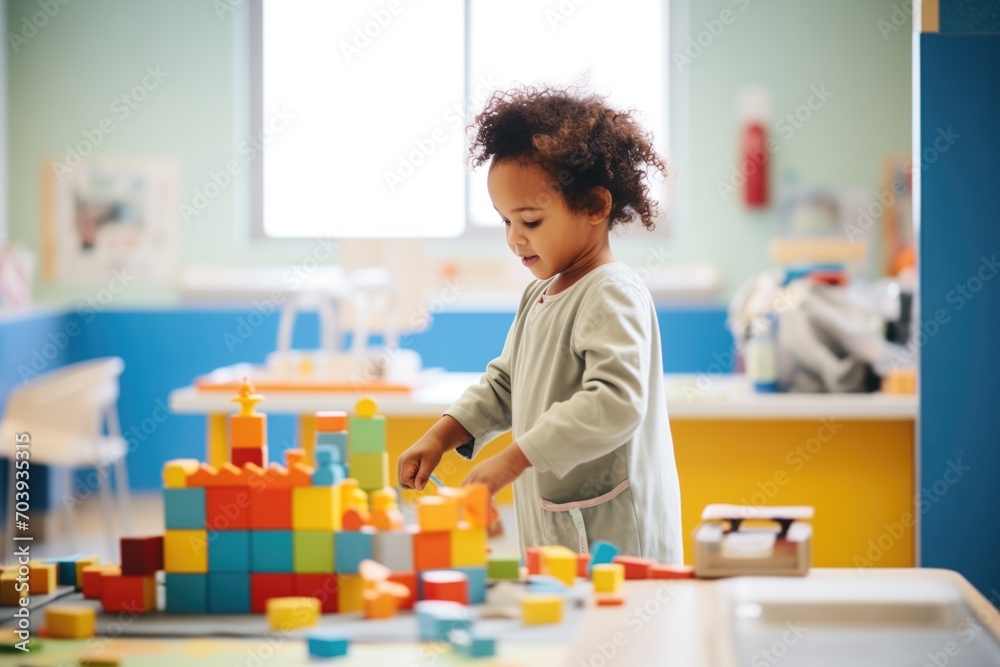 child playing with colorful blocks in hospital room child playing with colorful blocks in hospital room