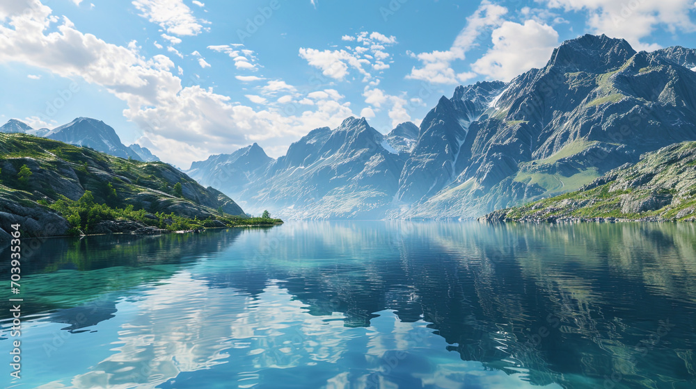 On the frame, a beautiful bay, bordered by high mountains, reflected in smooth water, creates a la On the frame, a beautiful bay, bordered by high mountains, reflected in smooth water, creates a la