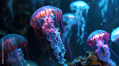 General underwater miracles: bright jellyfish, as if fairies glowing in dark water © JVLMediaUHD