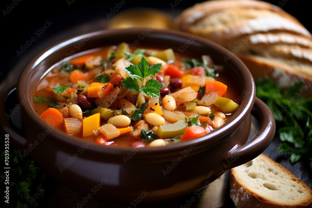 close up Minestrone Soup in a dark plate close up Minestrone Soup in a dark plate